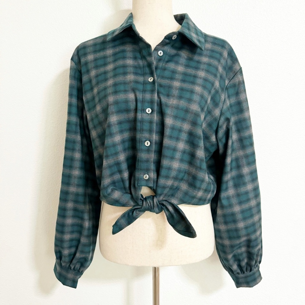 NEW She & Sky Crop Tie Front Balloon Sleeve Western Plaid Flannel Button Up